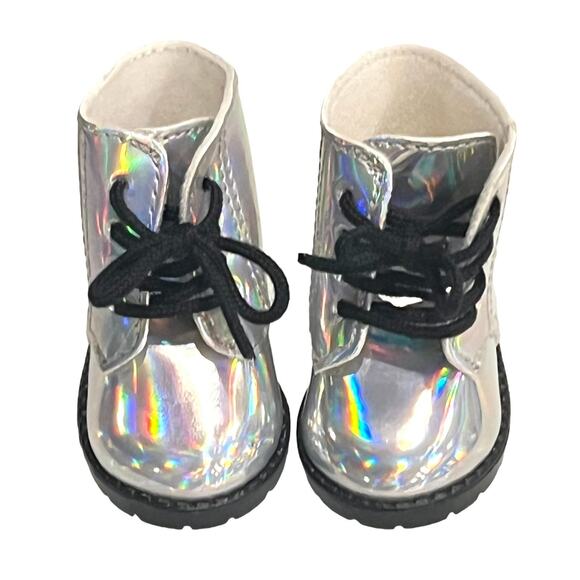 American Girl Doll BOOTS Silver Iridescent Rainbow Luciana Corinne Shoelaces NEW - Picture 2 of 5